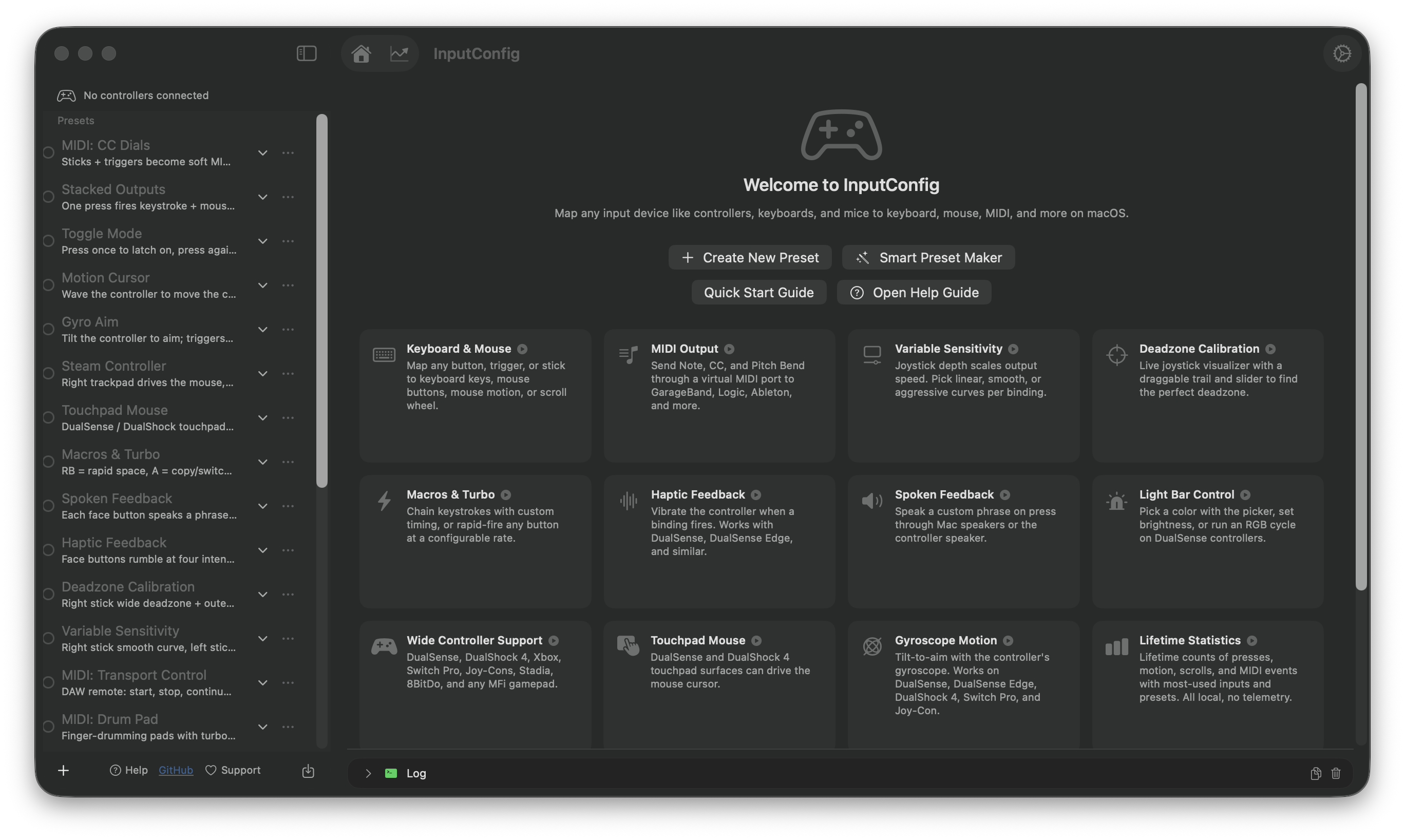 The InputConfig welcome screen on macOS.