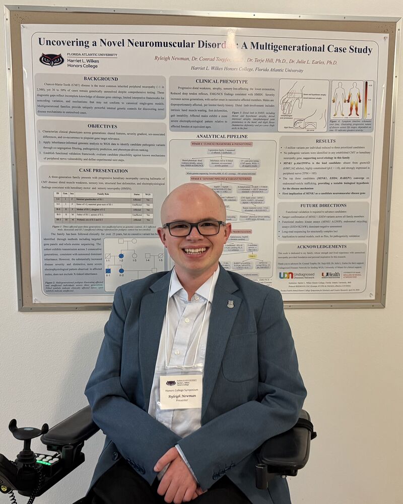 Ryleigh Newman beside his research poster at the Honors College Symposium.